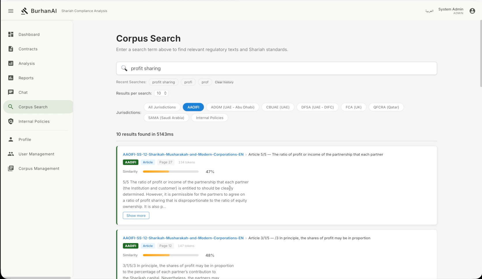 Burhan corpus search interface showing Shariah standards and regulatory documents