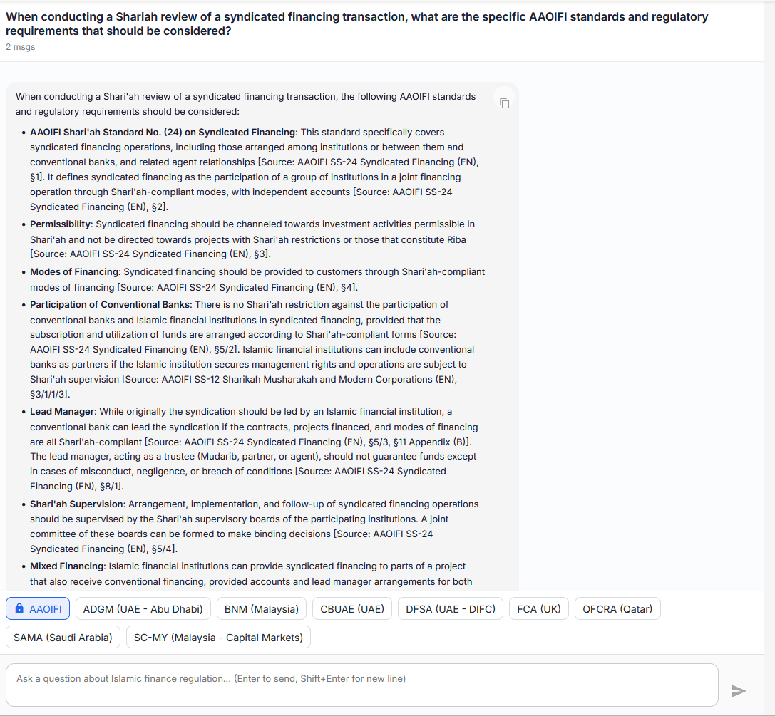 Burhan standards corpus answering an Islamic finance regulatory question with cited AAOIFI sources